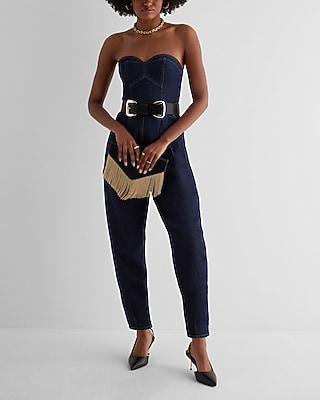 Denim Sweetheart Neckline Tapered Leg Jumpsuit