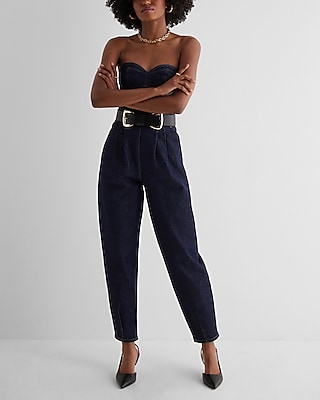 Denim Sweetheart Neckline Tapered Leg Jumpsuit