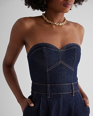Denim Sweetheart Neckline Tapered Leg Jumpsuit