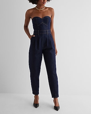 Denim Sweetheart Neckline Tapered Leg Jumpsuit
