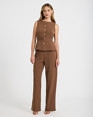 Crepe Crew Neck Button Front Belted Wide Leg Jumpsuit