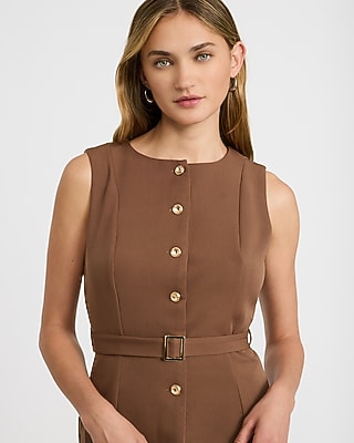 Crepe Crew Neck Button Front Belted Wide Leg Jumpsuit