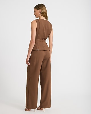Crepe Crew Neck Button Front Belted Wide Leg Jumpsuit