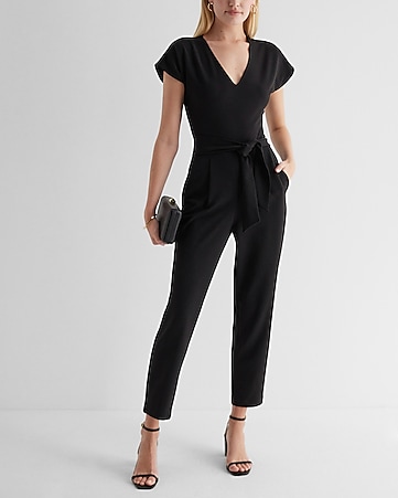 Express, Draped Neck Short Sleeve Jumpsuit in Swan
