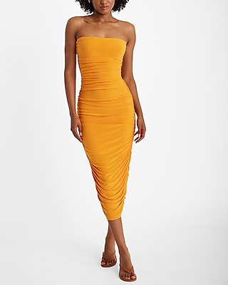 Strapless Ruched Midi Sheath Dress