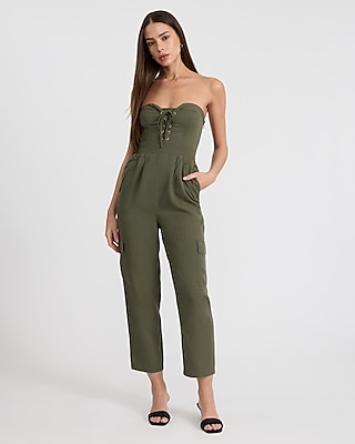 Strapless Lace Up Cargo Jumpsuit