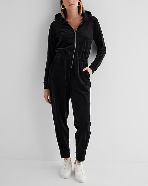 Velour Zip Up Hooded Jumpsuit | Express Velour Zip Up Hooded Jumpsuit | Express