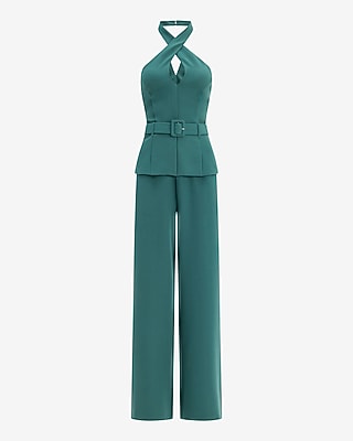 Crepe Halter Keyhole Belted Open Back Wide Leg Jumpsuit