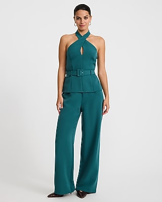 Crepe Halter Keyhole Belted Open Back Wide Leg Jumpsuit