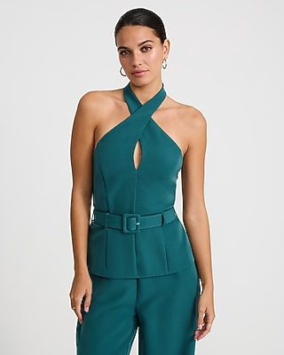 Crepe Halter Keyhole Belted Open Back Wide Leg Jumpsuit