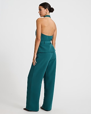 Crepe Halter Keyhole Belted Open Back Wide Leg Jumpsuit