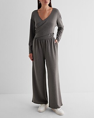 Luxe Lounge Long Sleeve Surplice Wide Leg Jumpsuit