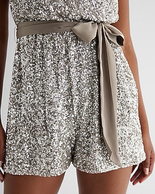 Sequin Strapless Tie Waist Romper