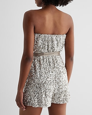 Sequin Strapless Tie Waist Romper