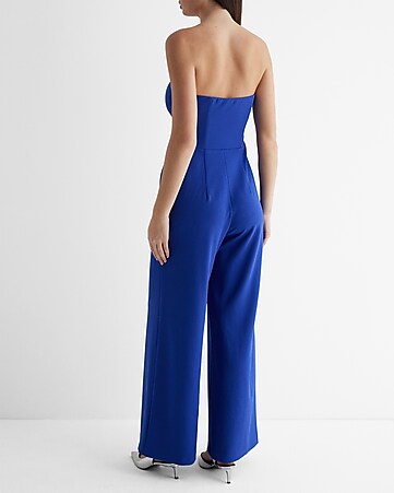 Royal Blue Satin Jumpsuit With High Collar And Long Sleeves For