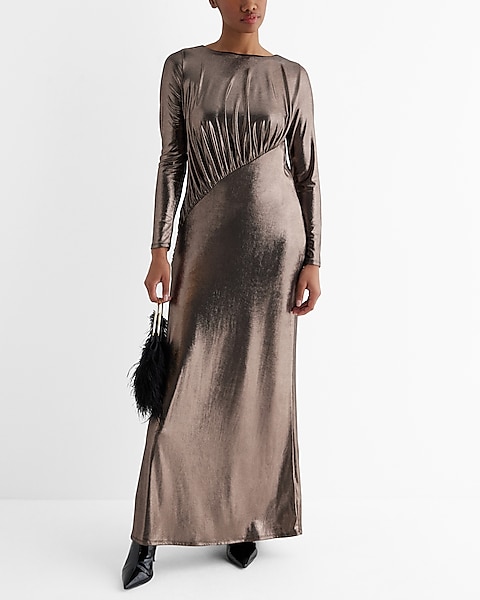 metallic long sleeve dress Shimmer Knit Midi In Bronze Black ruched skirt Betsy & Adam Petite Bell