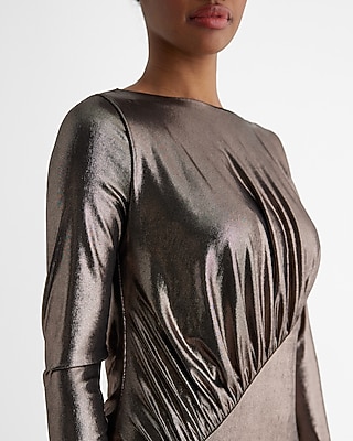 Metallic Boat Neck Long Sleeve Ruched Top Maxi Dress | Express