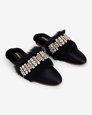 Satin Faux Fur Lined Embellished Slippers