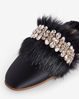 Satin Faux Fur Lined Embellished Slippers