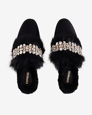 Satin Faux Fur Lined Embellished Slippers