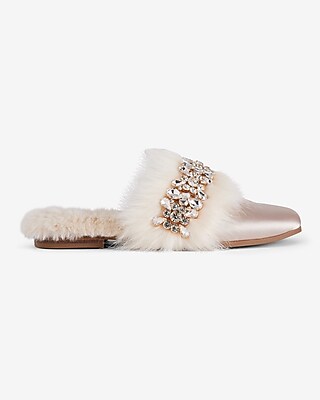 Satin Faux Fur Lined Embellished Slippers - image 2