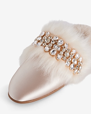 Satin Faux Fur Lined Embellished Slippers - image 3