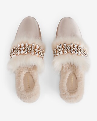 Satin Faux Fur Lined Embellished Slippers - image 4