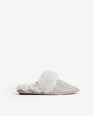 sequin knit faux fur mule slippers