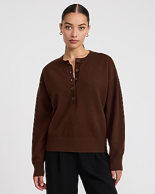 Oversized Crew Neck Henley Sweater Cozy Soft