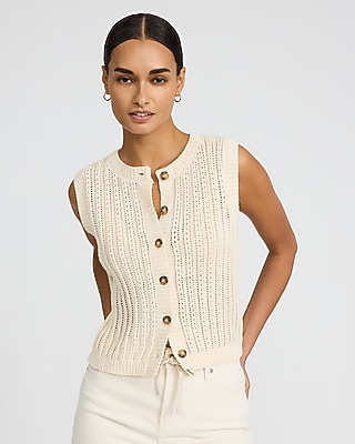 Open Knit Crew Neck Button Front Sweater Vest - image 4
