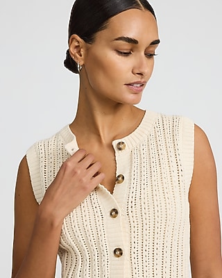Open Knit Crew Neck Button Front Sweater Vest - image 5