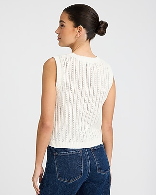 Open Knit Crew Neck Button Front Sweater Vest - image 2