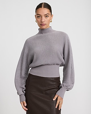 Lurex Mock Neck Balloon Sleeve Sweater Airy Soft