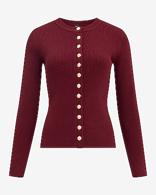 Fitted Ribbed Crew Neck Novelty Button Cardigan Airy Soft