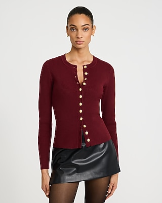 Fitted Ribbed Crew Neck Novelty Button Cardigan Airy Soft