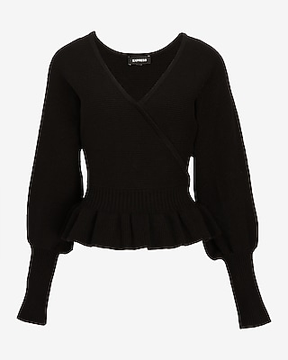 Ribbed V-Neck Wrap Peplum Sweater
