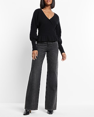 Ribbed V-Neck Wrap Peplum Sweater