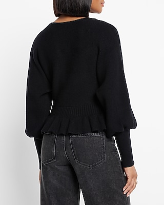 Ribbed V-Neck Wrap Peplum Sweater