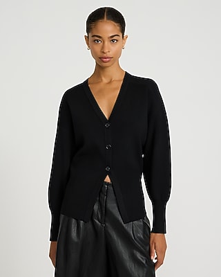 Wool-Blend V-Neck Banded Cutaway Cardigan - thumbnail 7