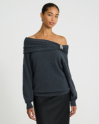 Off The Shoulder Hardware Draped Sweater in Airy Soft