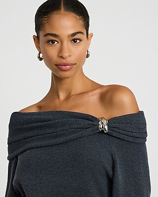 Off The Shoulder Hardware Draped Sweater in Airy Soft - thumbnail 2