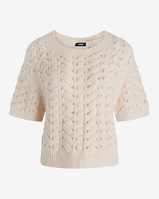 Open Stitch Cable Knit Crew Neck Short Sleeve Sweater