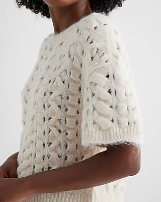 Open Stitch Cable Knit Crew Neck Short Sleeve Sweater