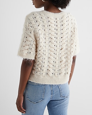 Open Stitch Cable Knit Crew Neck Short Sleeve Sweater