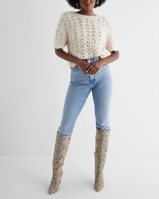 Open Stitch Cable Knit Crew Neck Short Sleeve Sweater