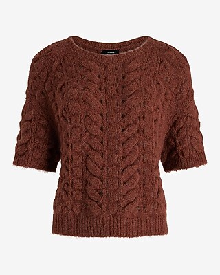 Open Stitch Cable Knit Crew Neck Short Sleeve Sweater