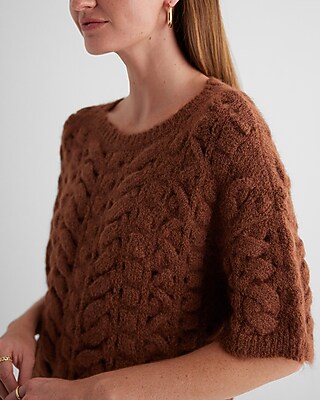 Open Stitch Cable Knit Crew Neck Short Sleeve Sweater