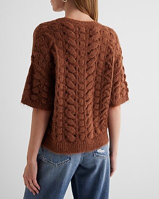 Open Stitch Cable Knit Crew Neck Short Sleeve Sweater