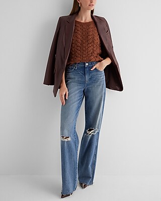 Open Stitch Cable Knit Crew Neck Short Sleeve Sweater