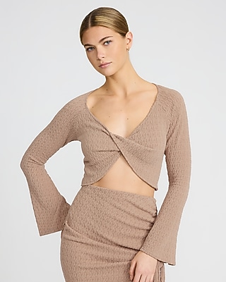 Crepe Crew Neck Long Sleeve Twist Front Cropped Top | Express